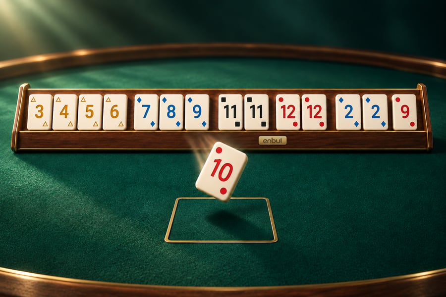 Fourteen tiles arranged in a rack in runs and pairs; a fifteenth tile, a red 10, drops onto the brass-framed square in the middle of the table.