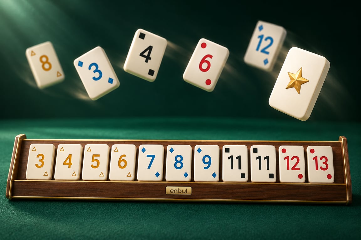 Ivory okey tiles arranged in a walnut rack on a green felt table; more tiles and the brass-star joker tossed in the air above.